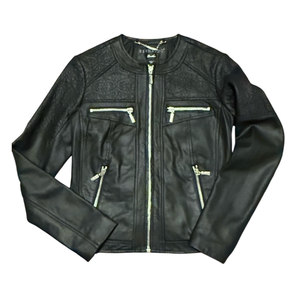 Bernardo Black Leather Jacket with Embroidered Details size PXS